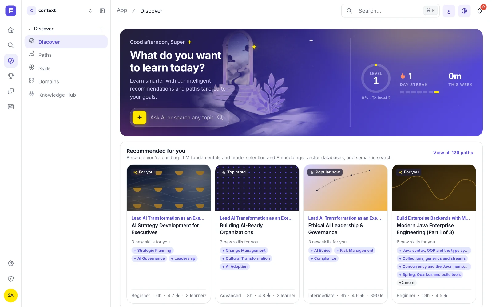 The Discover page: a greeting, a search box, the week panel and recommended paths