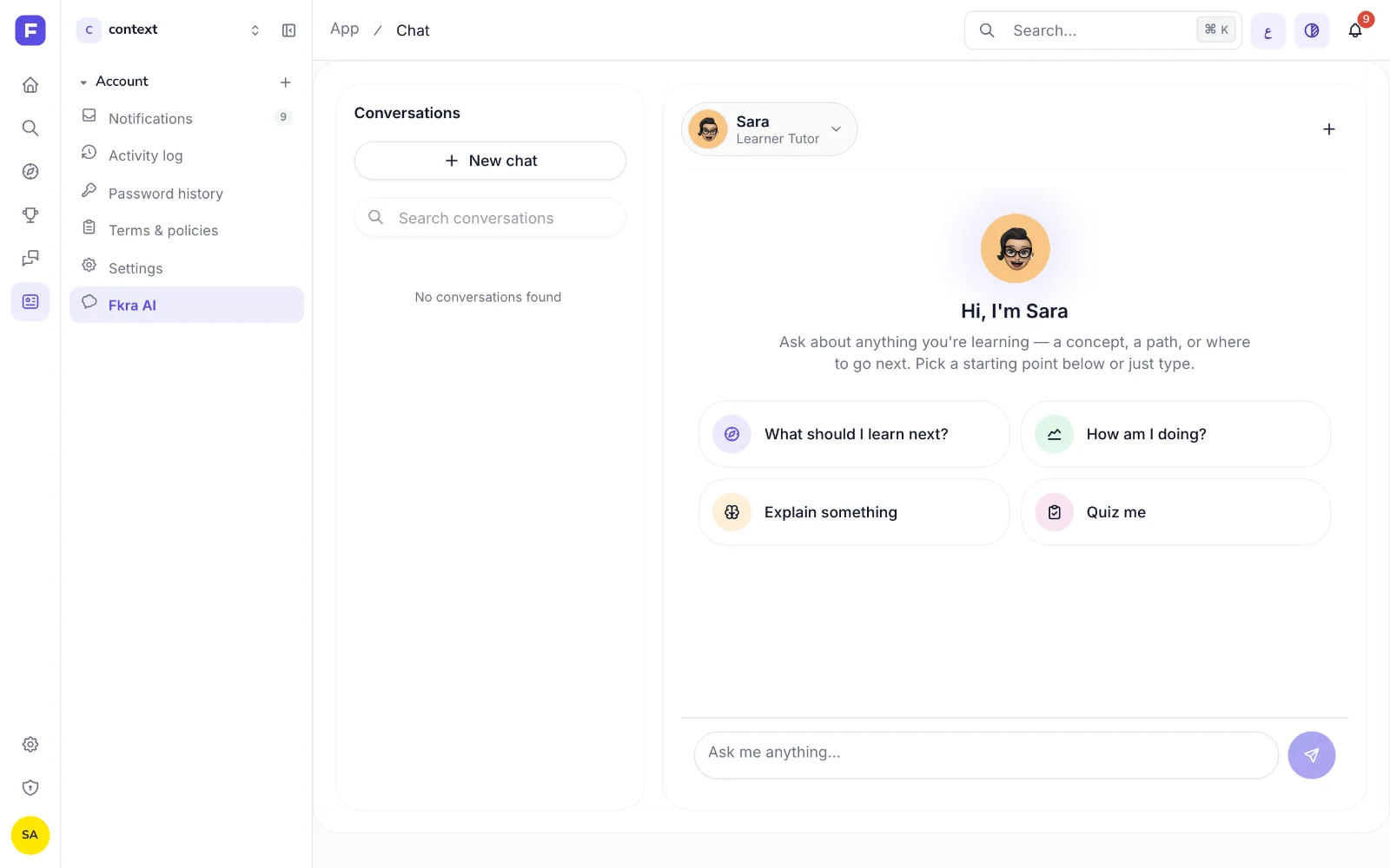 The Fkra AI screen at /app/chat: a conversation list and Sara’s four starting prompts