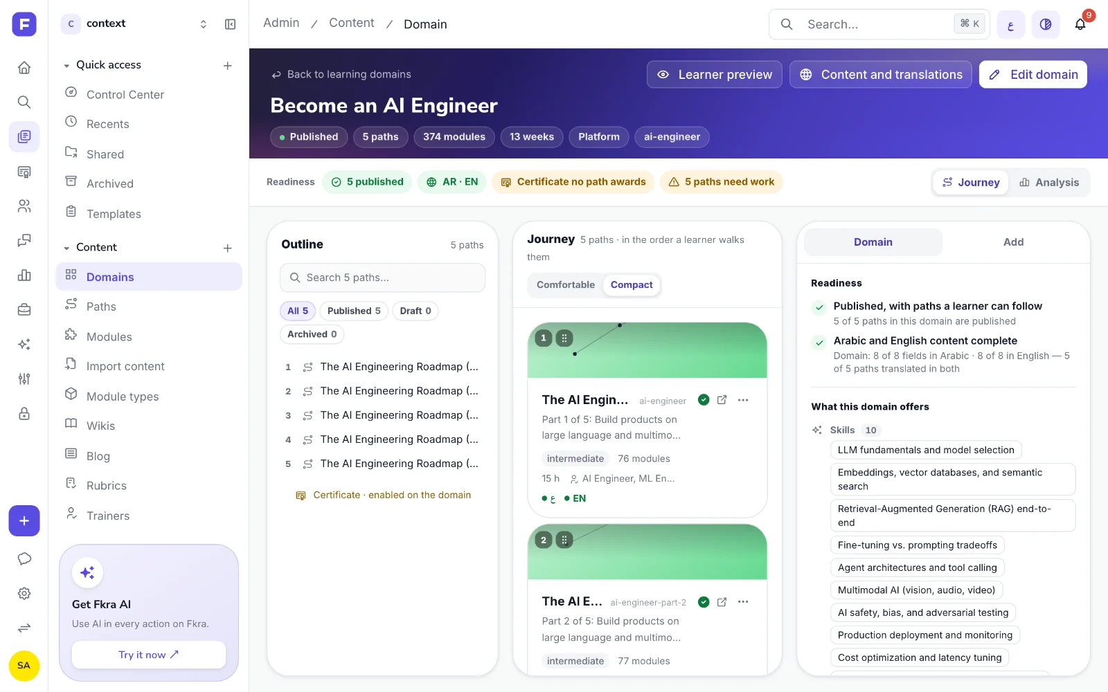Domain Studio on the AI Engineer domain, with path cards in the Journey lens