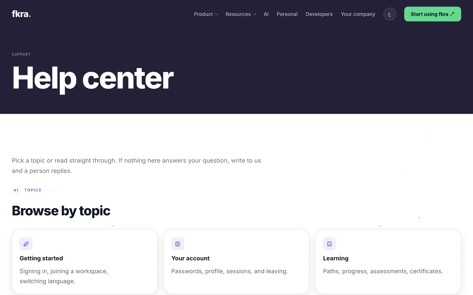 The help centre at fkra.ai/help with its topic cards