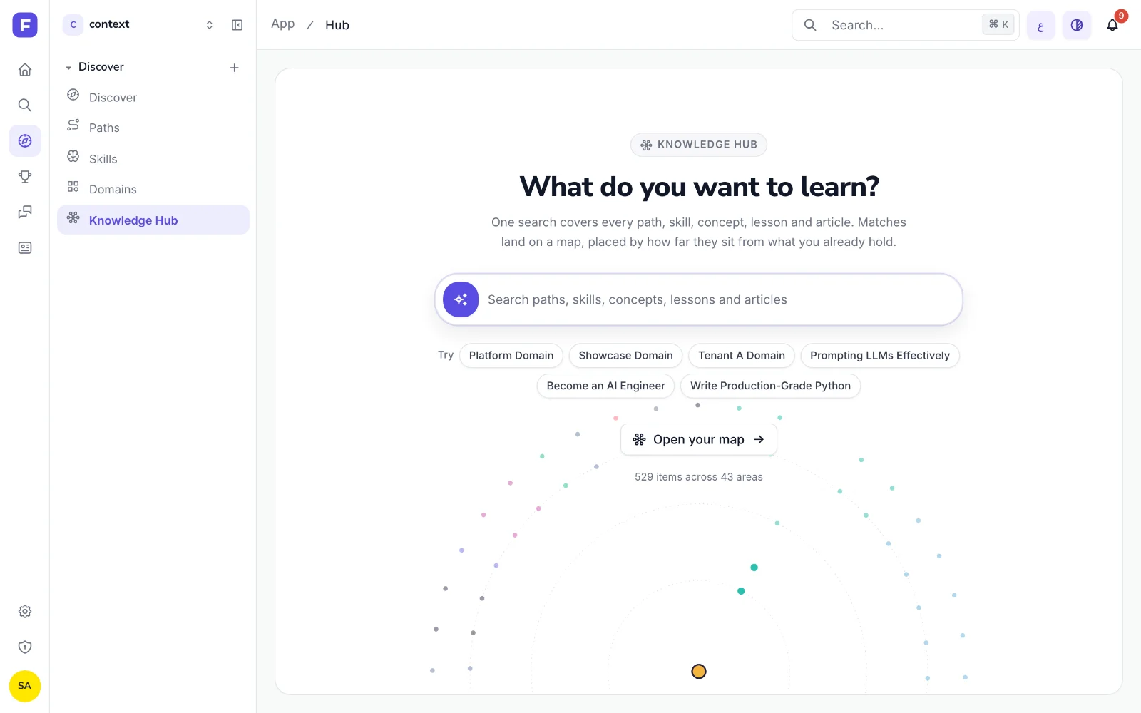 The Knowledge Hub landing page: “What do you want to learn?”