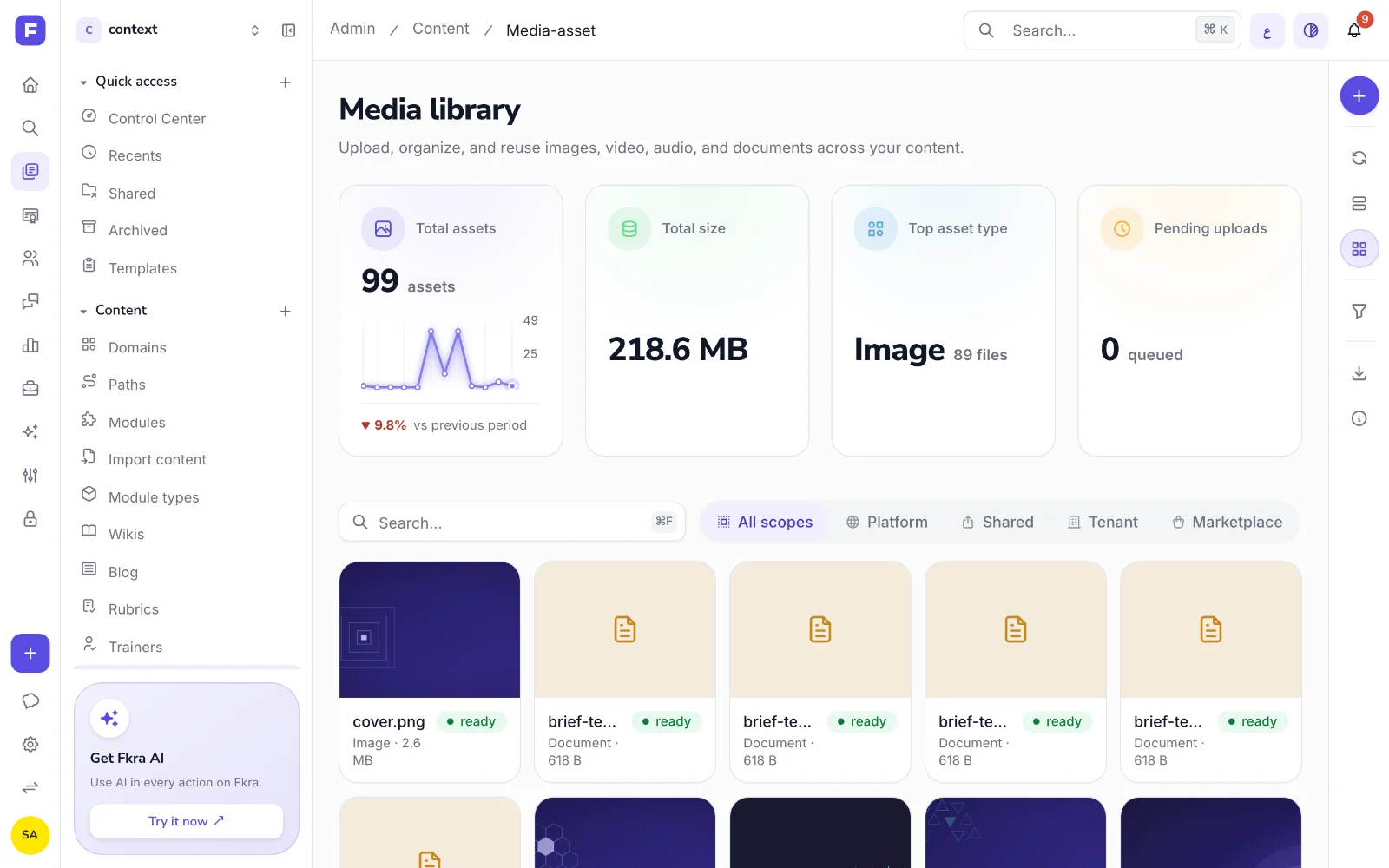 The admin media library with whole-catalog KPI cards above the grid