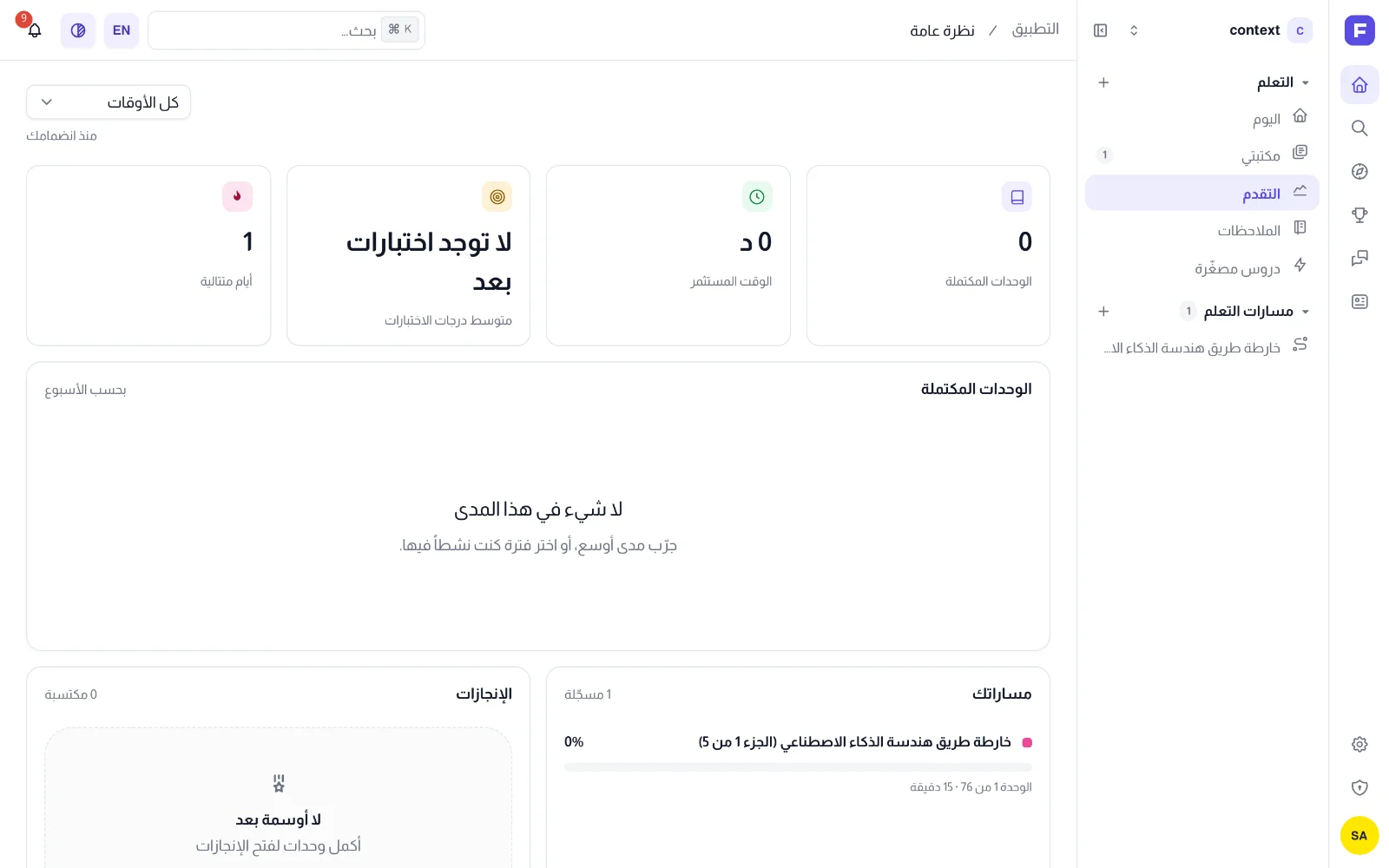 تبويب التقدّم على نطاق «منذ البداية» مع حالات فارغة مصمّمة