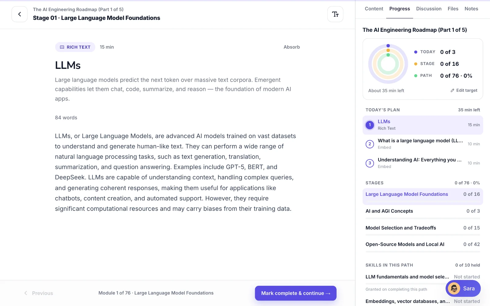 The Progress tab in the lesson side panel: today, stage and path rings, and today’s plan