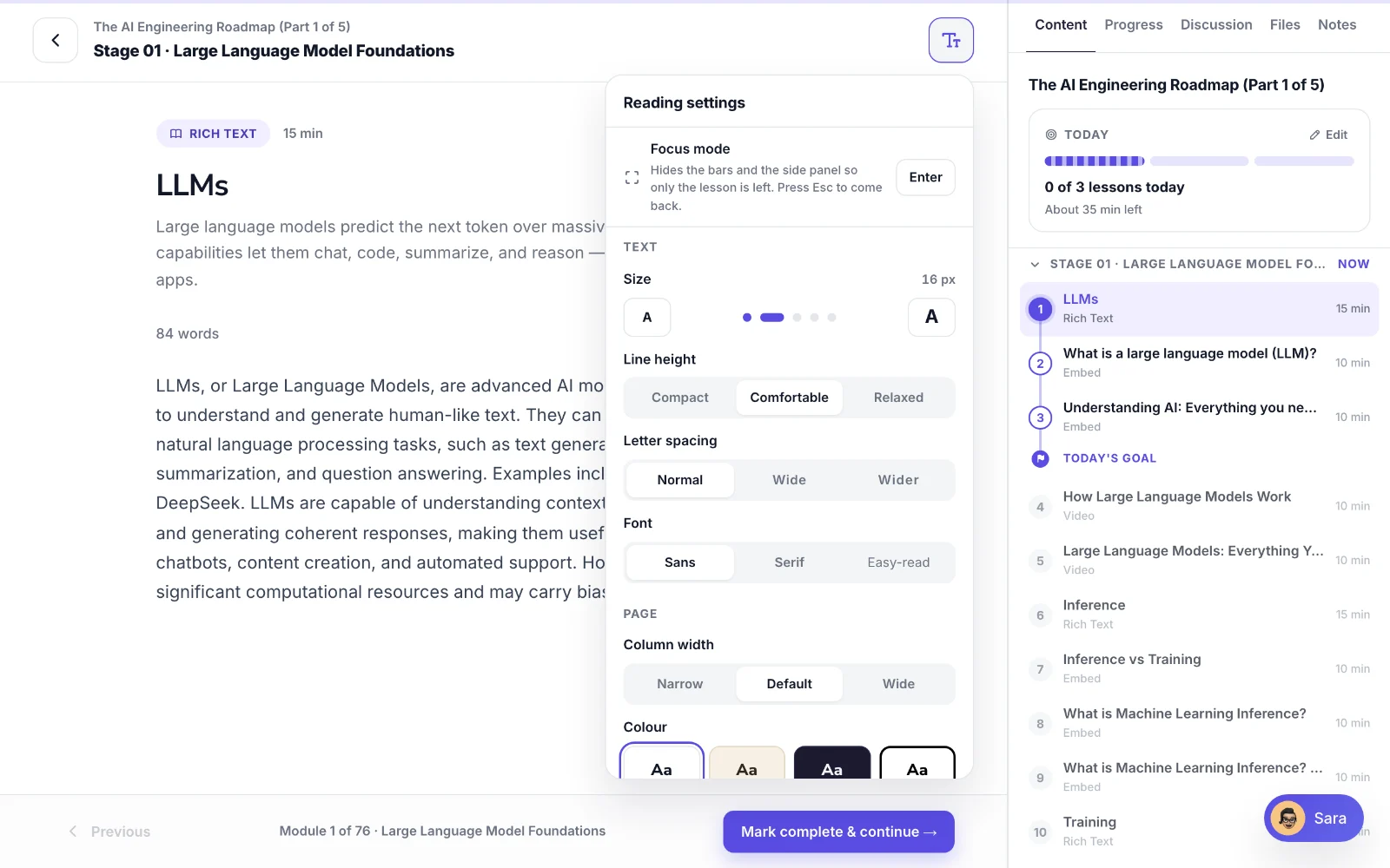 The reading settings panel: focus mode, text size, line height, spacing, font, column width and colour