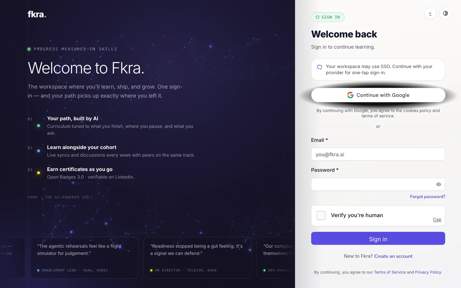 The sign-in page with the “Verify you’re human” check under the password field