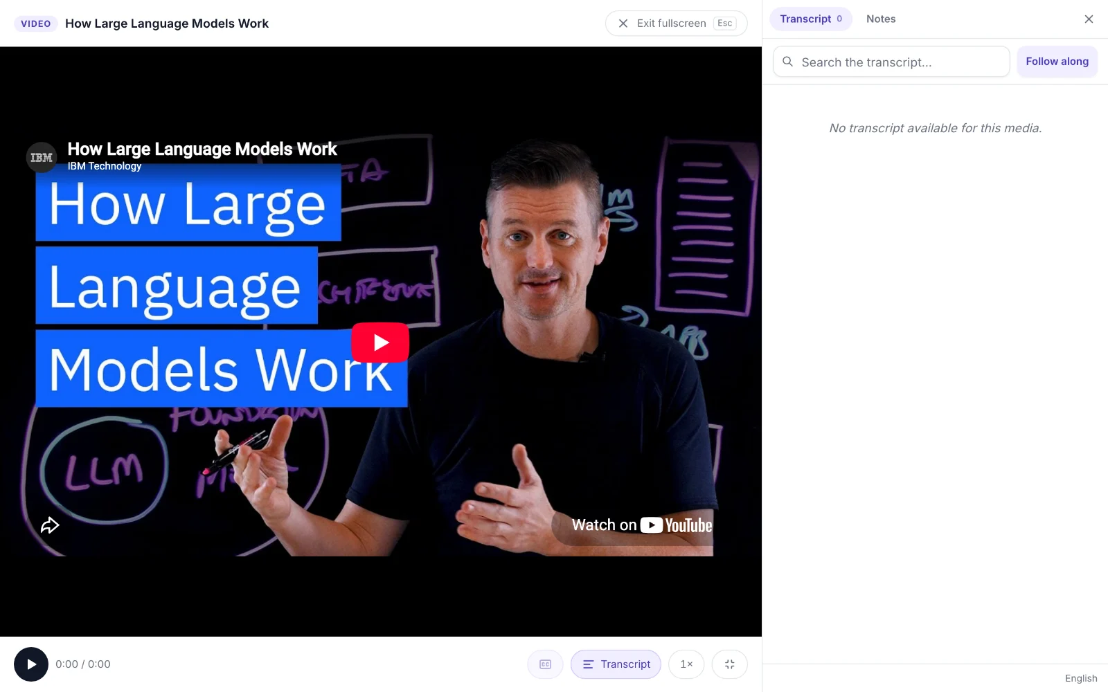 The fullscreen video player with its transcript rail