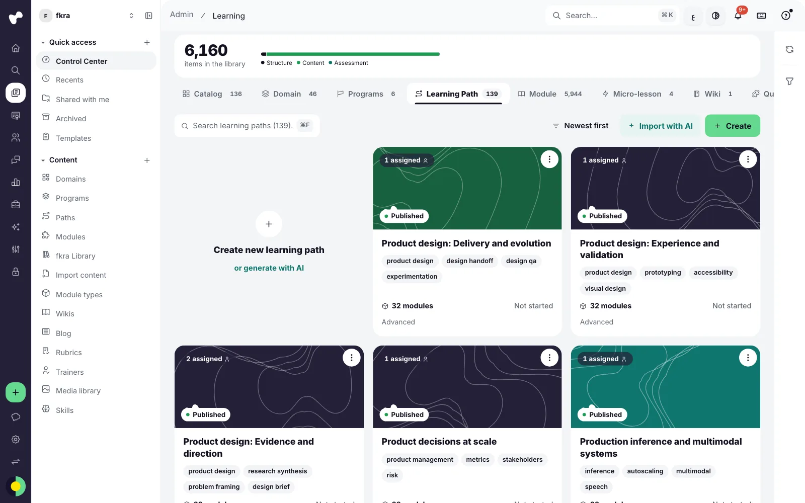 The admin Control Center on the shared shell, listing learning paths as cards