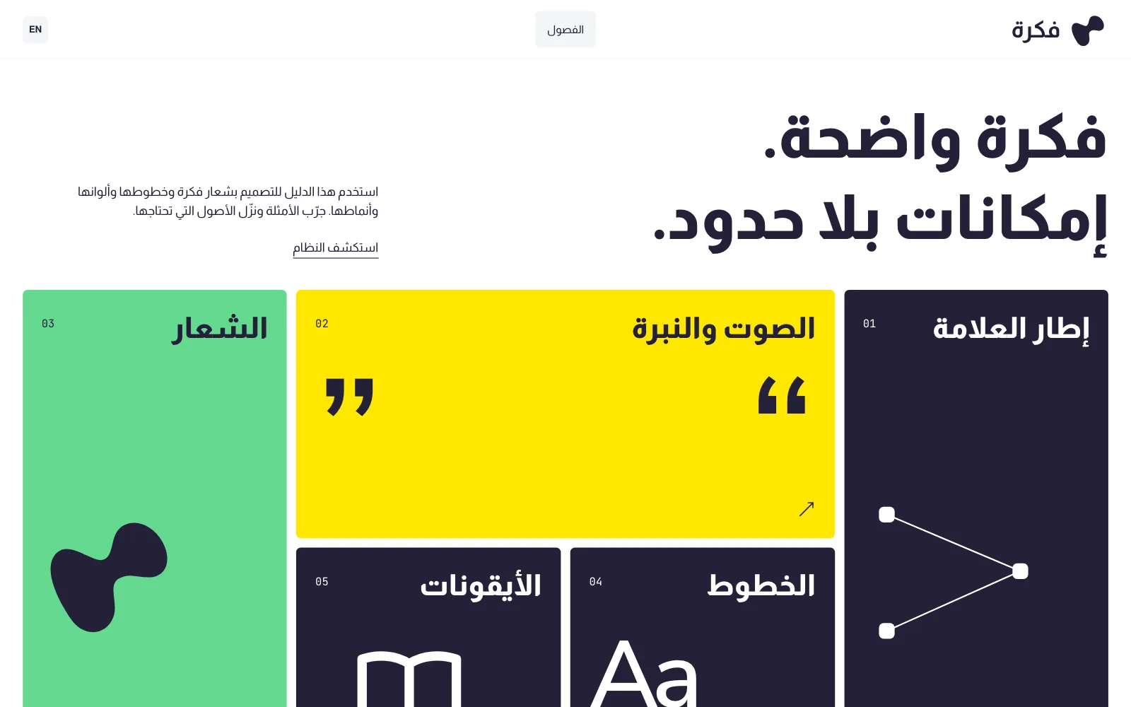 مركز الهوية في fkra.ai/brand، يفتح على مربعات فصوله