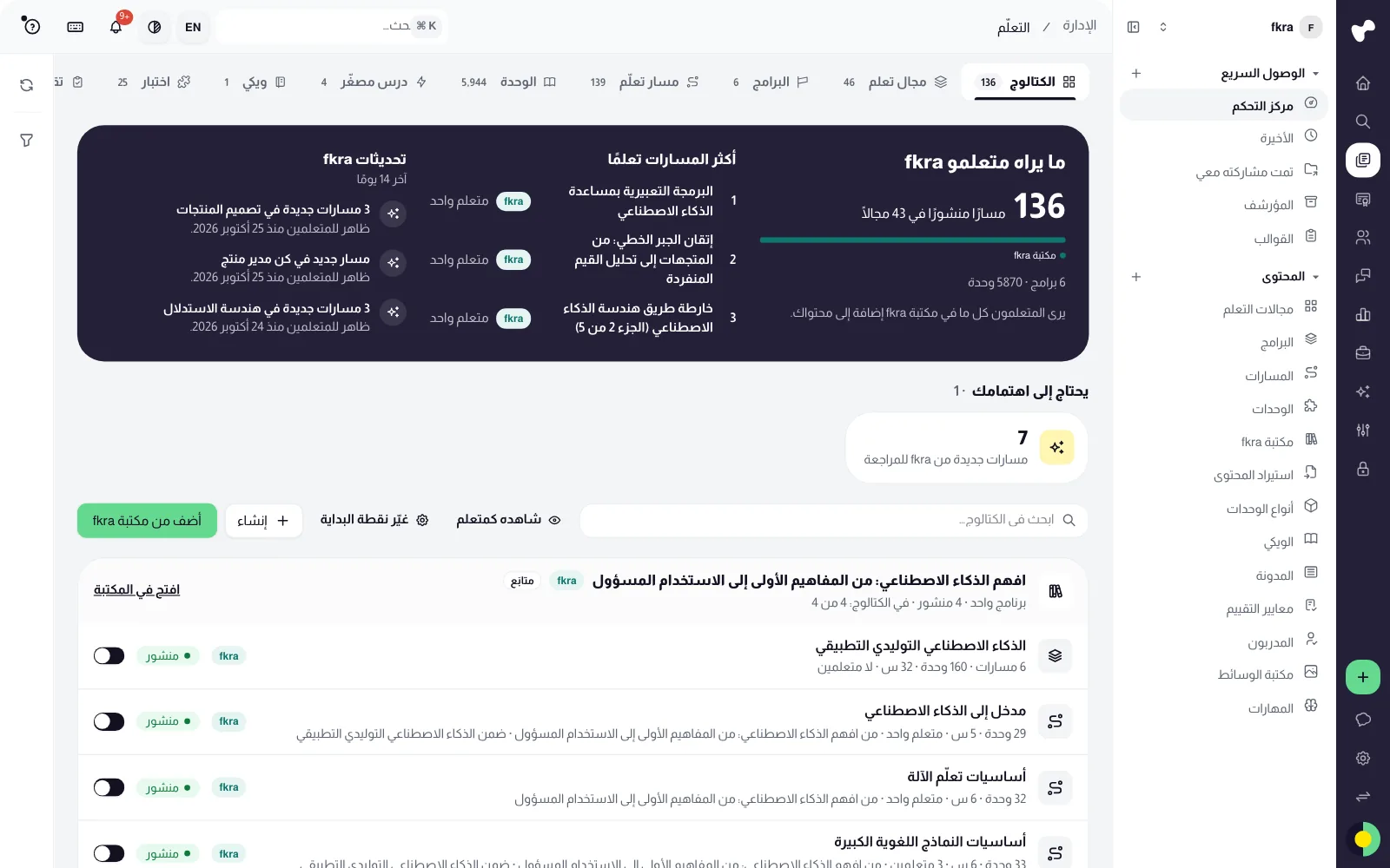 تبويب الكتالوج: ما يراه المتعلّمون، وأبرز المسارات، وتحديثات fkra، ومفتاح إظهار أو إخفاء لكل مسار