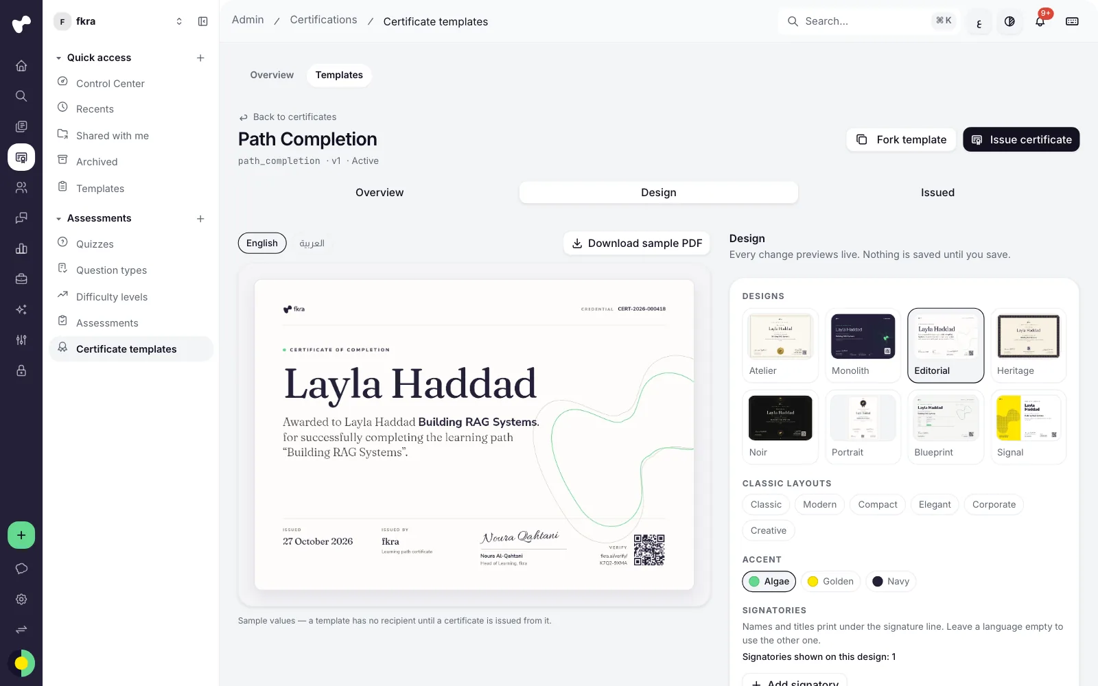 The certificate template designer with the eight designs and a live preview