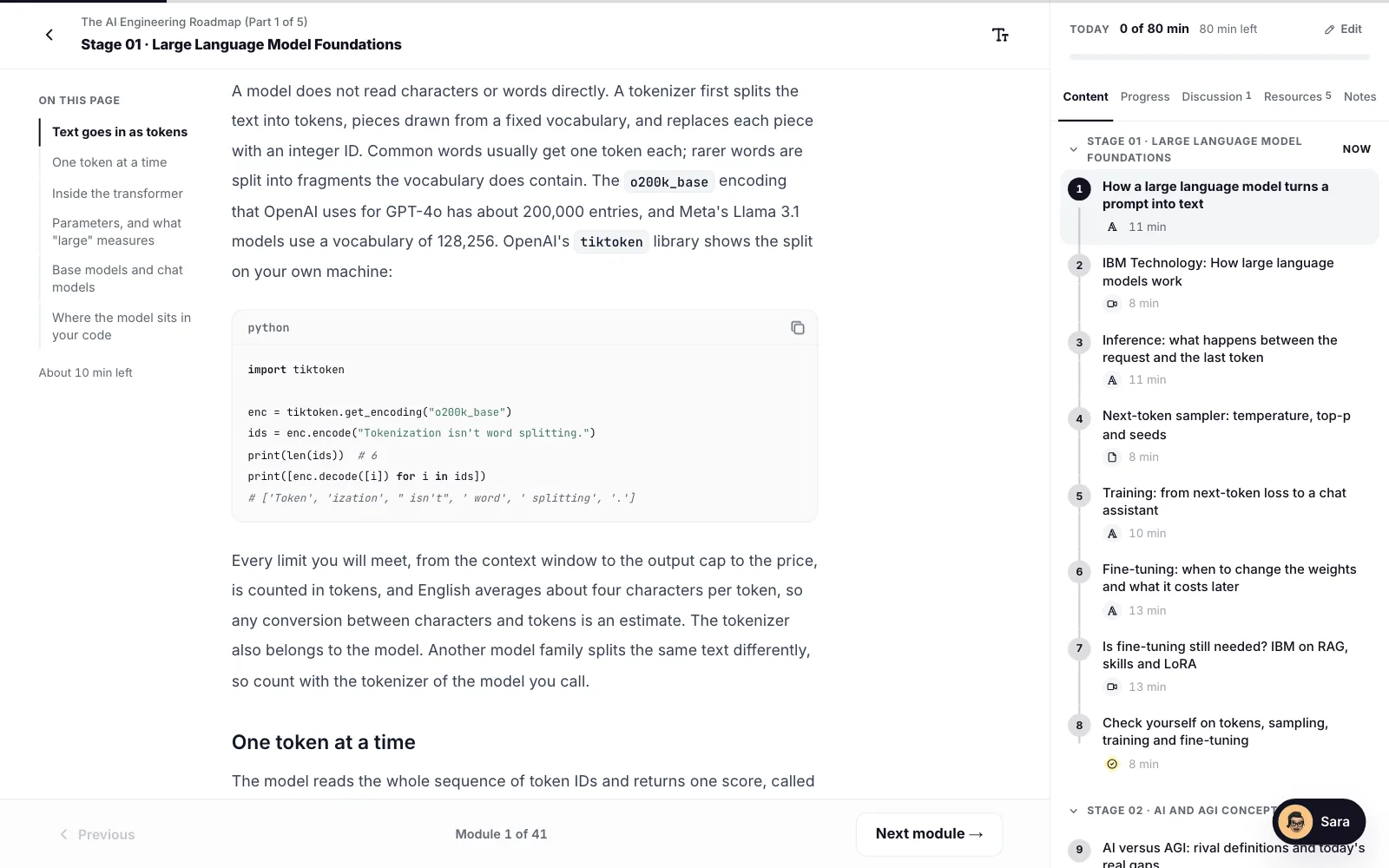 A lesson with a highlighted Python code block, its language label and copy button
