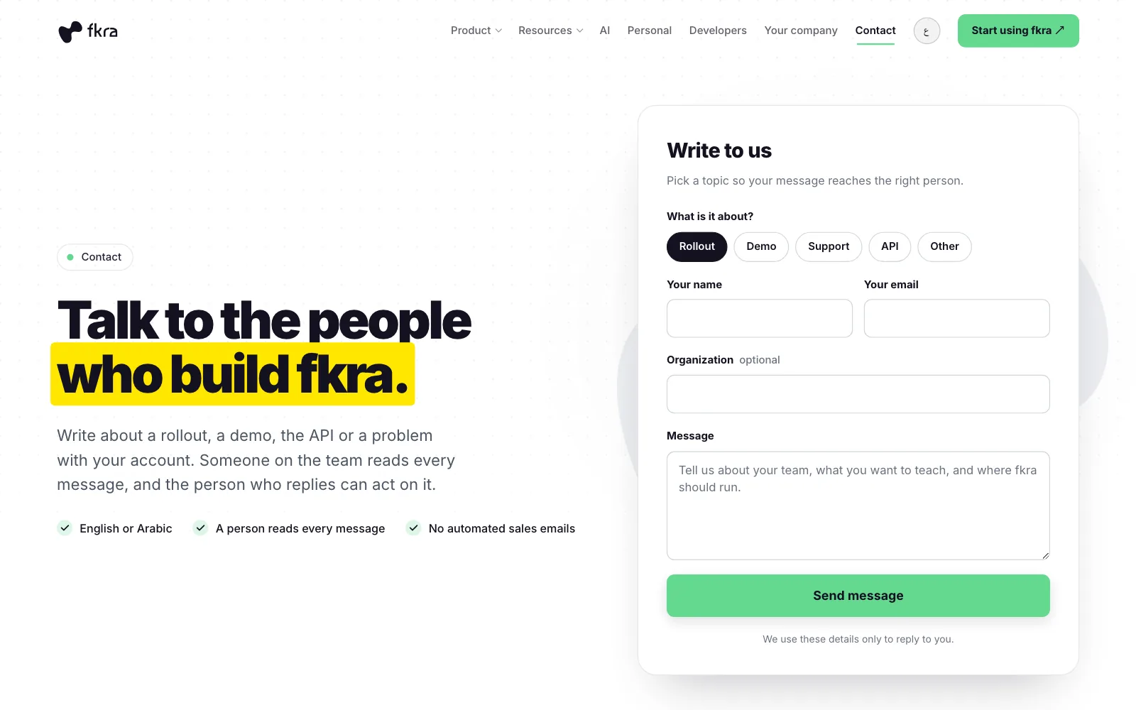 The contact form at fkra.ai/contact with its five topics