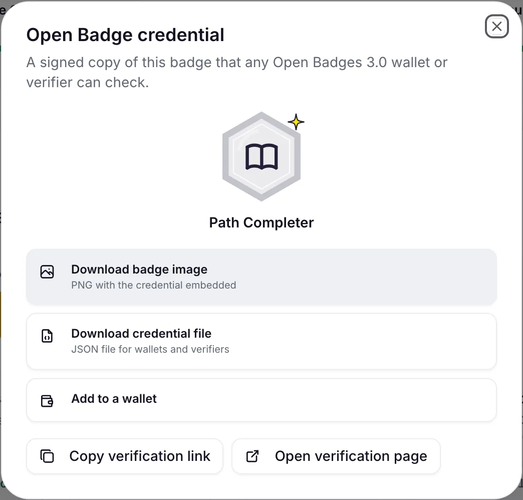 The Open Badge credential dialog for an earned badge