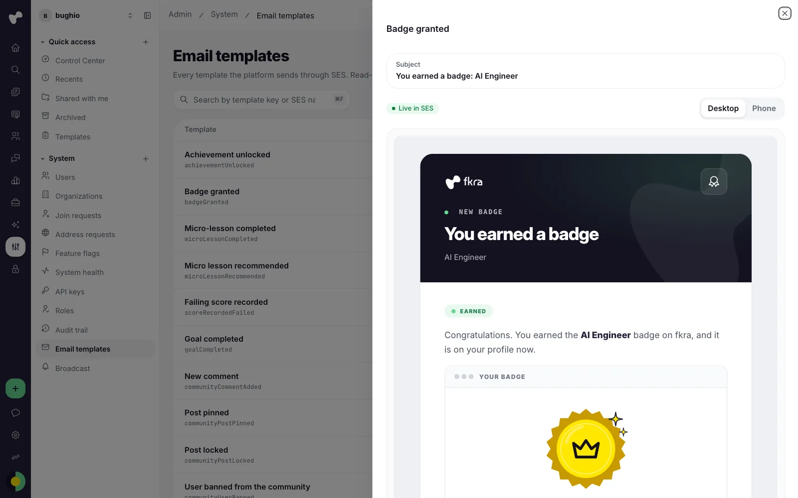 The email template preview for Badge granted, at desktop width