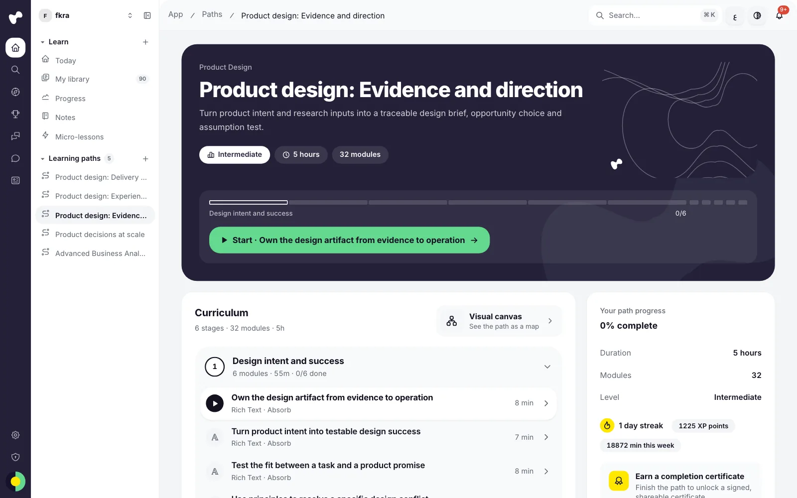 A path page in the redesigned learner app, with its stage track and curriculum