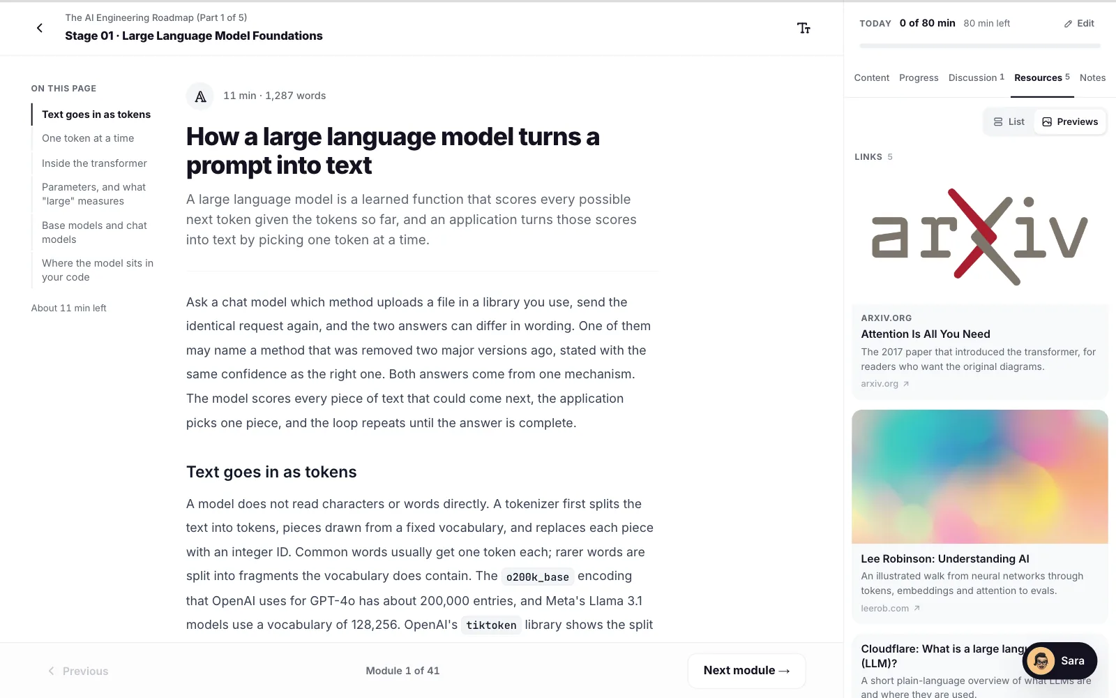 The Resources tab in the lesson player, showing links as preview cards
